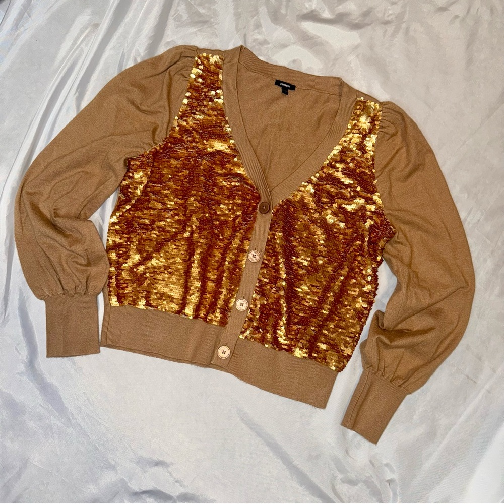 Gold Sequin Bling Glam Cardigan Sweater Holiday Party Festive Ladies Large - Picture 5 of 13